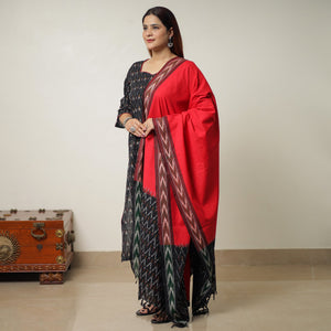 Black - Pochampally Ikat Weave Cotton Kurta with Palazzo & Dupatta Set 01