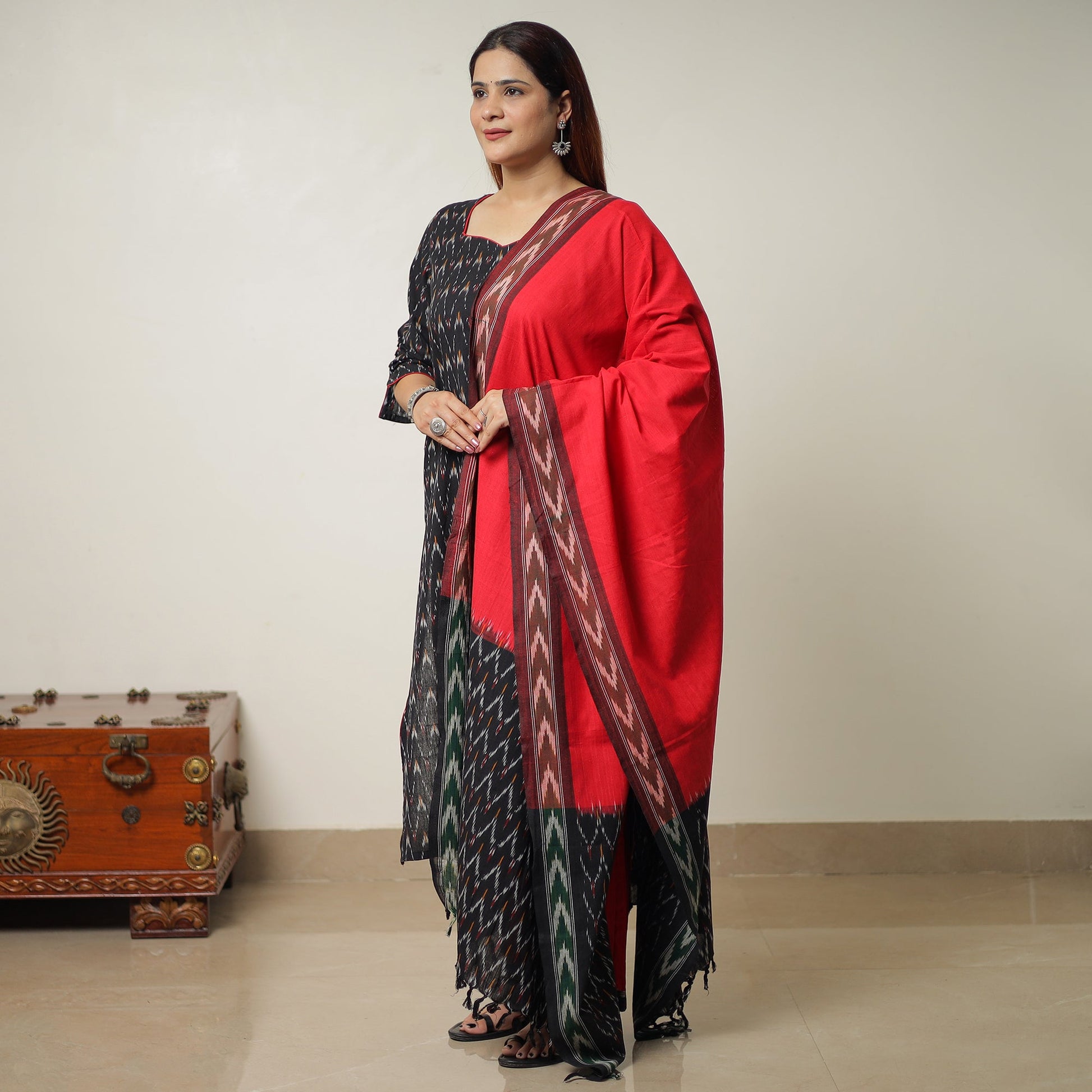 Black - Pochampally Ikat Weave Cotton Kurta with Palazzo & Dupatta Set 01