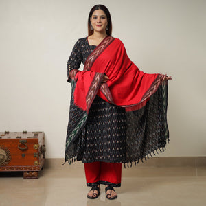 Black - Pochampally Ikat Weave Cotton Kurta with Palazzo & Dupatta Set 01