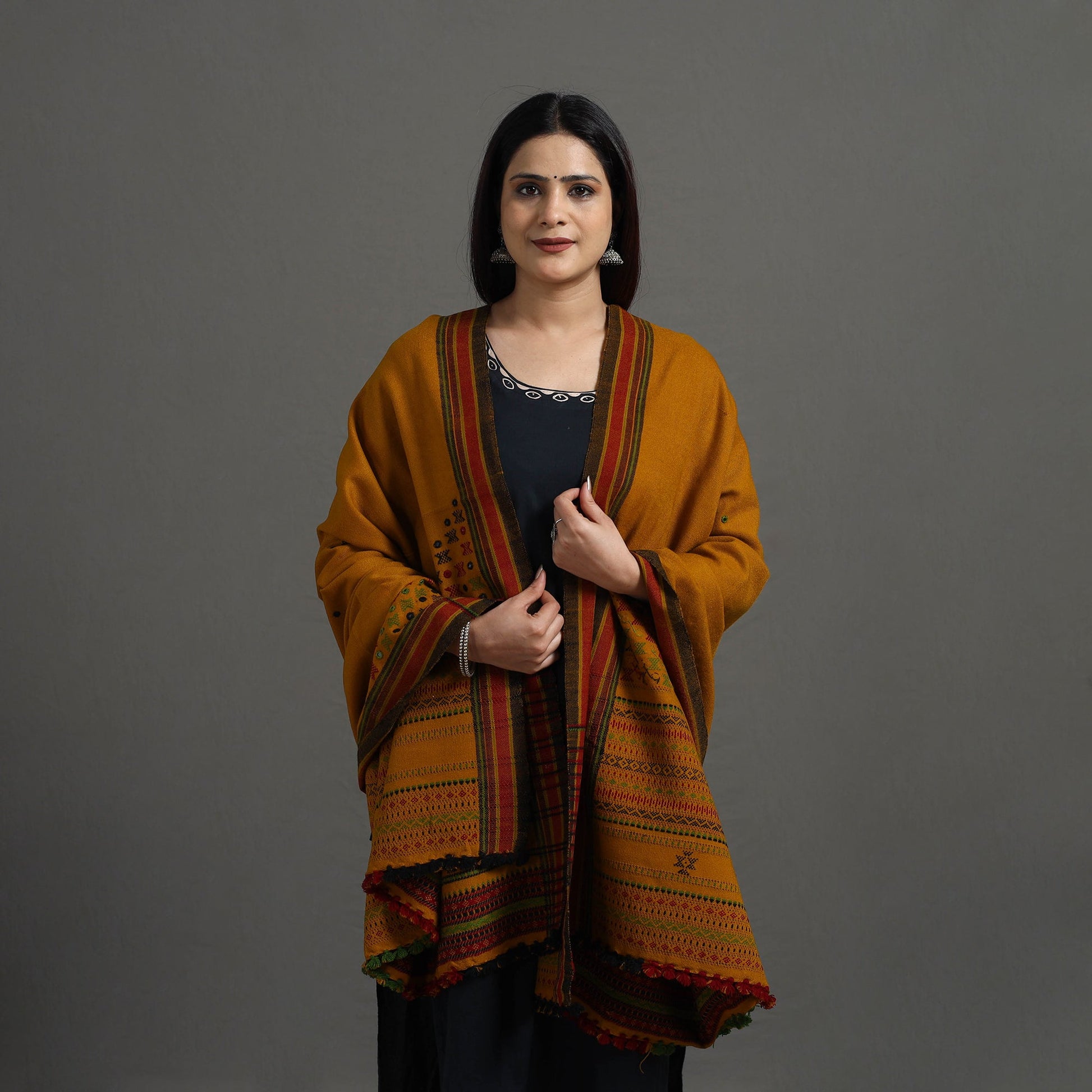 Brown - Kutch Bhujodi Weaving Handwoven Mirror Work Woolen Shawl 01