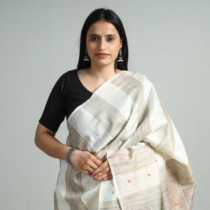 Beige - Bengal Kantha Hand Embroidery Pure Ghicha Silk Handloom Saree 136