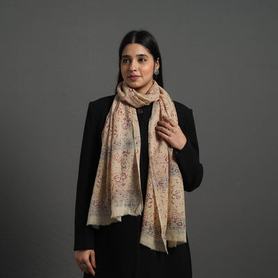 Beige - Block Print Pedana Kalamkari Wool Stole 09
