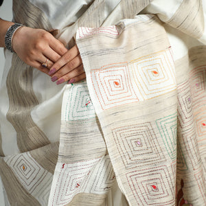 Beige - Bengal Kantha Hand Embroidery Pure Ghicha Silk Handloom Saree 136