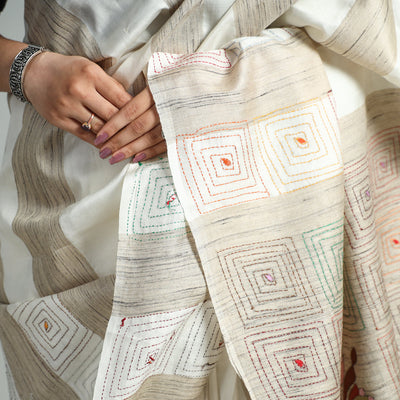 Beige - Bengal Kantha Hand Embroidery Pure Ghicha Silk Handloom Saree 136