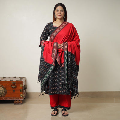 Black - Pochampally Ikat Weave Cotton Kurta with Palazzo & Dupatta Set 01