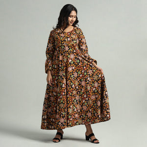 Black - Kalamkari Printed Cotton A-Line Dress