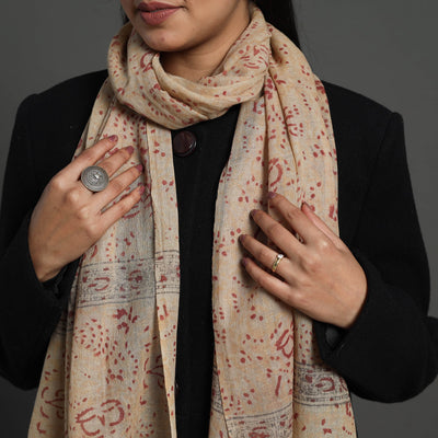 Beige - Block Print Pedana Kalamkari Wool Stole 09