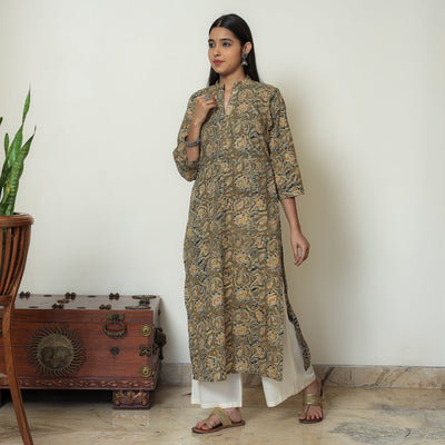 Brown - Kalamkari Hand Block Printed Cotton Straight Kurta 14