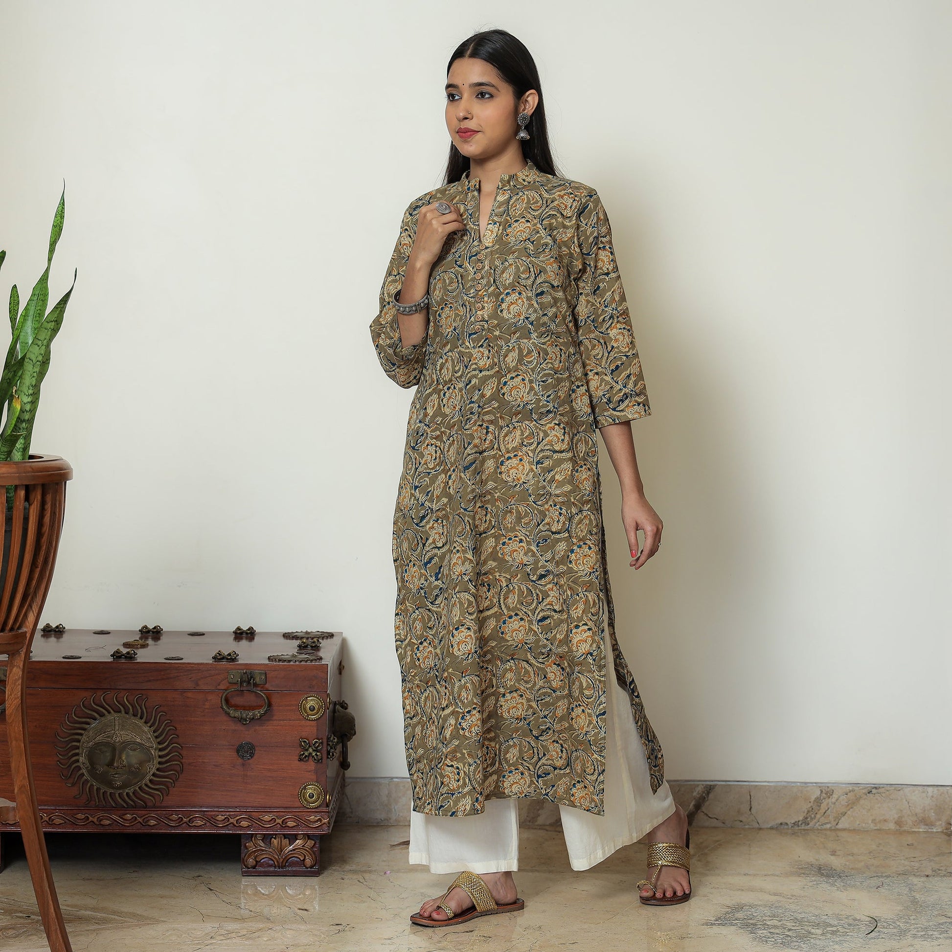 Brown - Kalamkari Hand Block Printed Cotton Straight Kurta 14