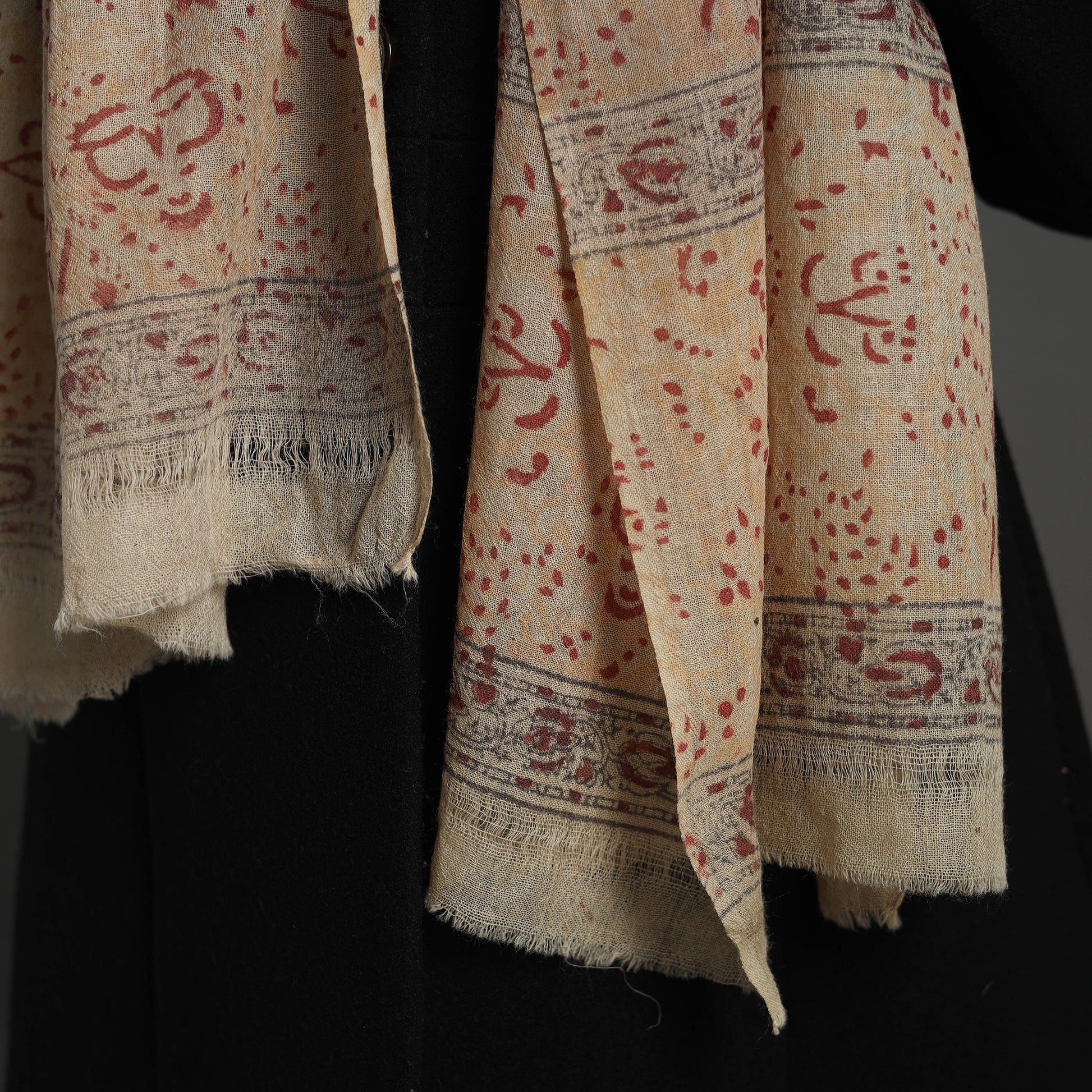 Beige - Block Print Pedana Kalamkari Wool Stole 09