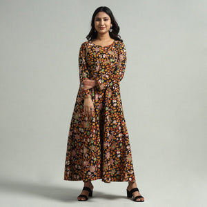 Black - Kalamkari Printed Cotton A-Line Dress