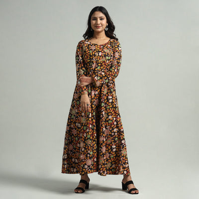 Black - Kalamkari Printed Cotton A-Line Dress