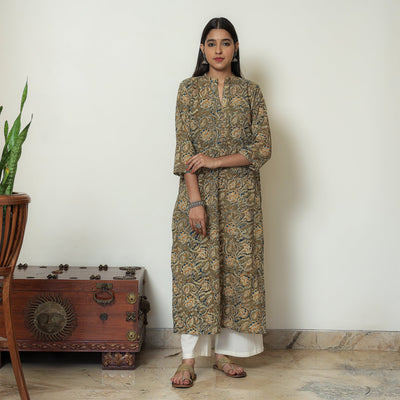 Brown - Kalamkari Hand Block Printed Cotton Straight Kurta 14