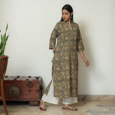 Brown - Kalamkari Hand Block Printed Cotton Straight Kurta 14