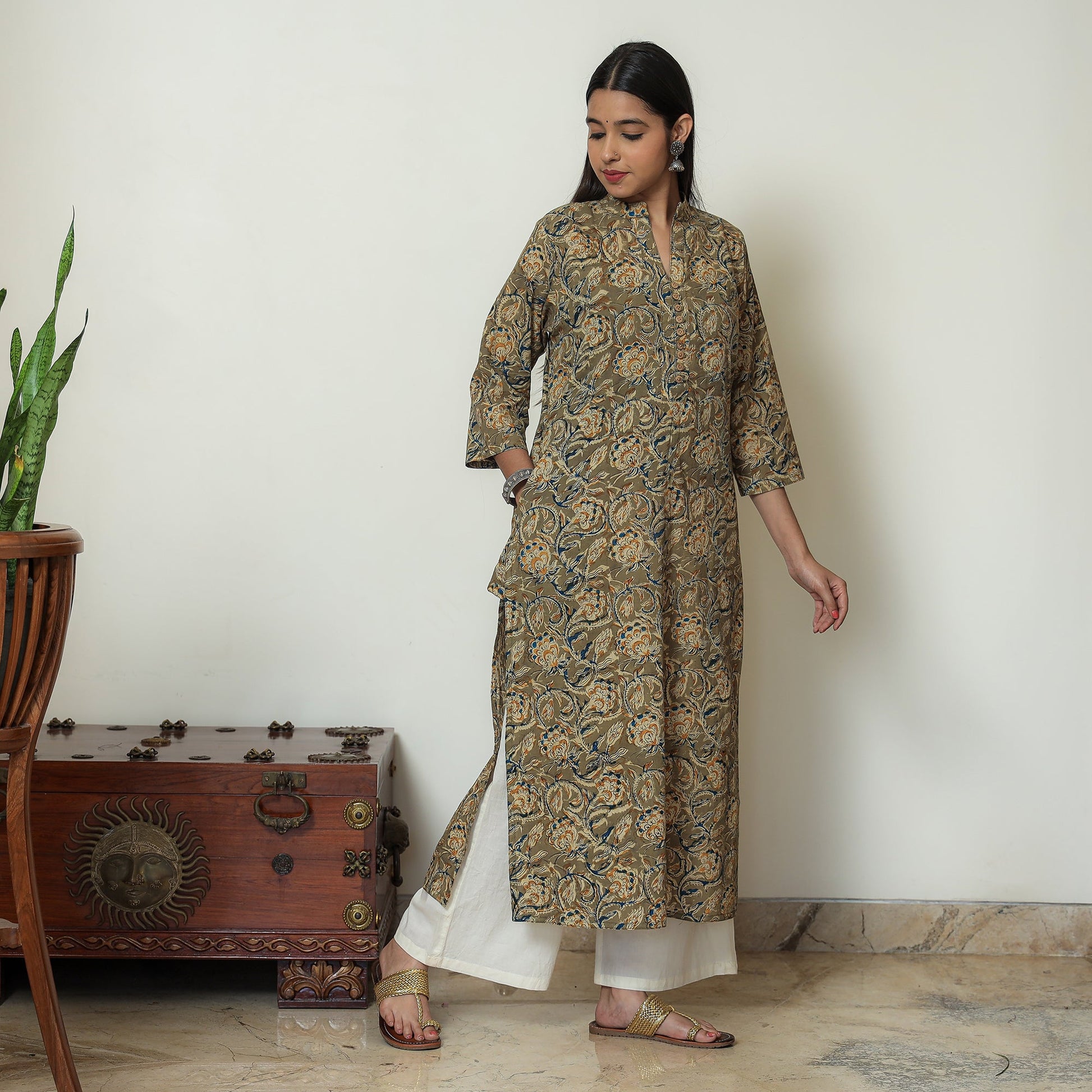Brown - Kalamkari Hand Block Printed Cotton Straight Kurta 14