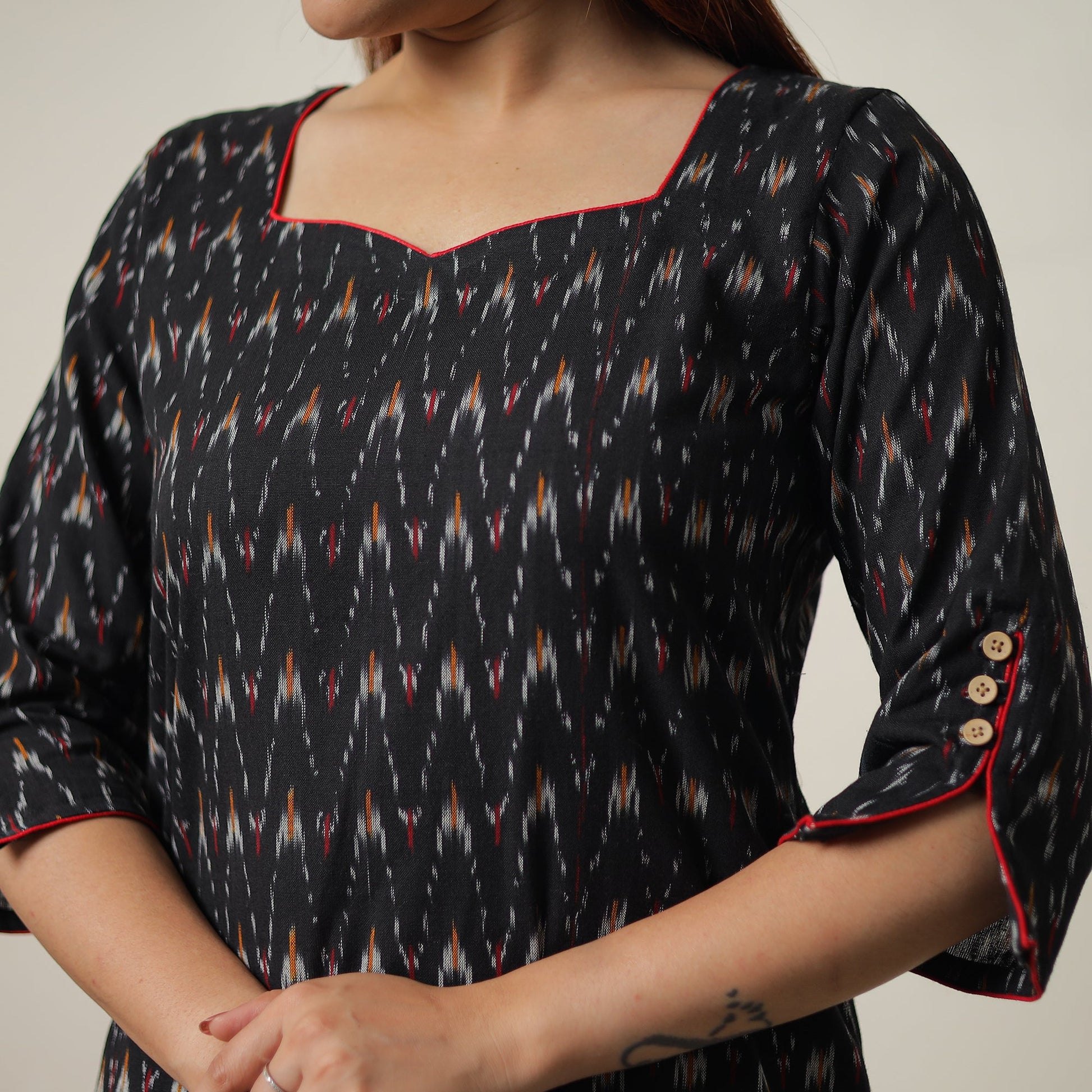 Black - Pochampally Ikat Weave Cotton Kurta with Palazzo & Dupatta Set 01