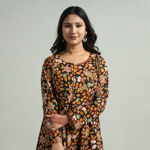 Black - Kalamkari Printed Cotton A-Line Dress