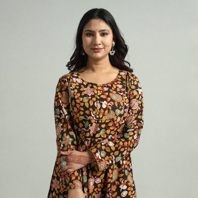 Black - Kalamkari Printed Cotton A-Line Dress