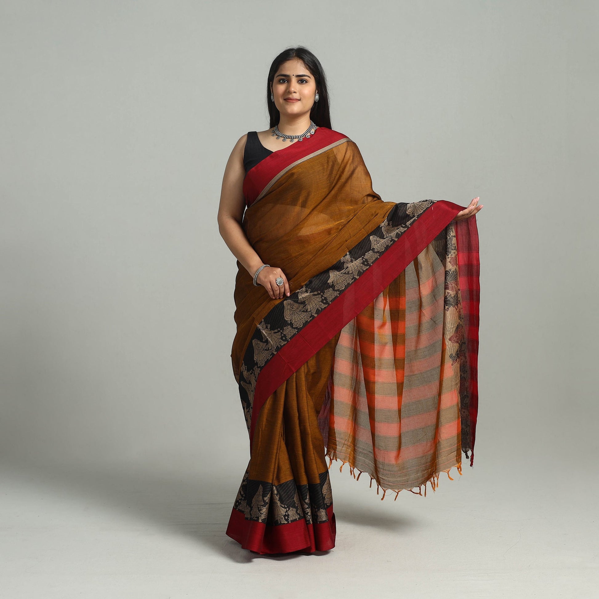 Brown - Dharwad Cotton Saree with Thread Border