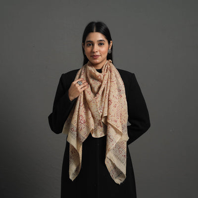 Beige - Block Print Pedana Kalamkari Wool Stole 09