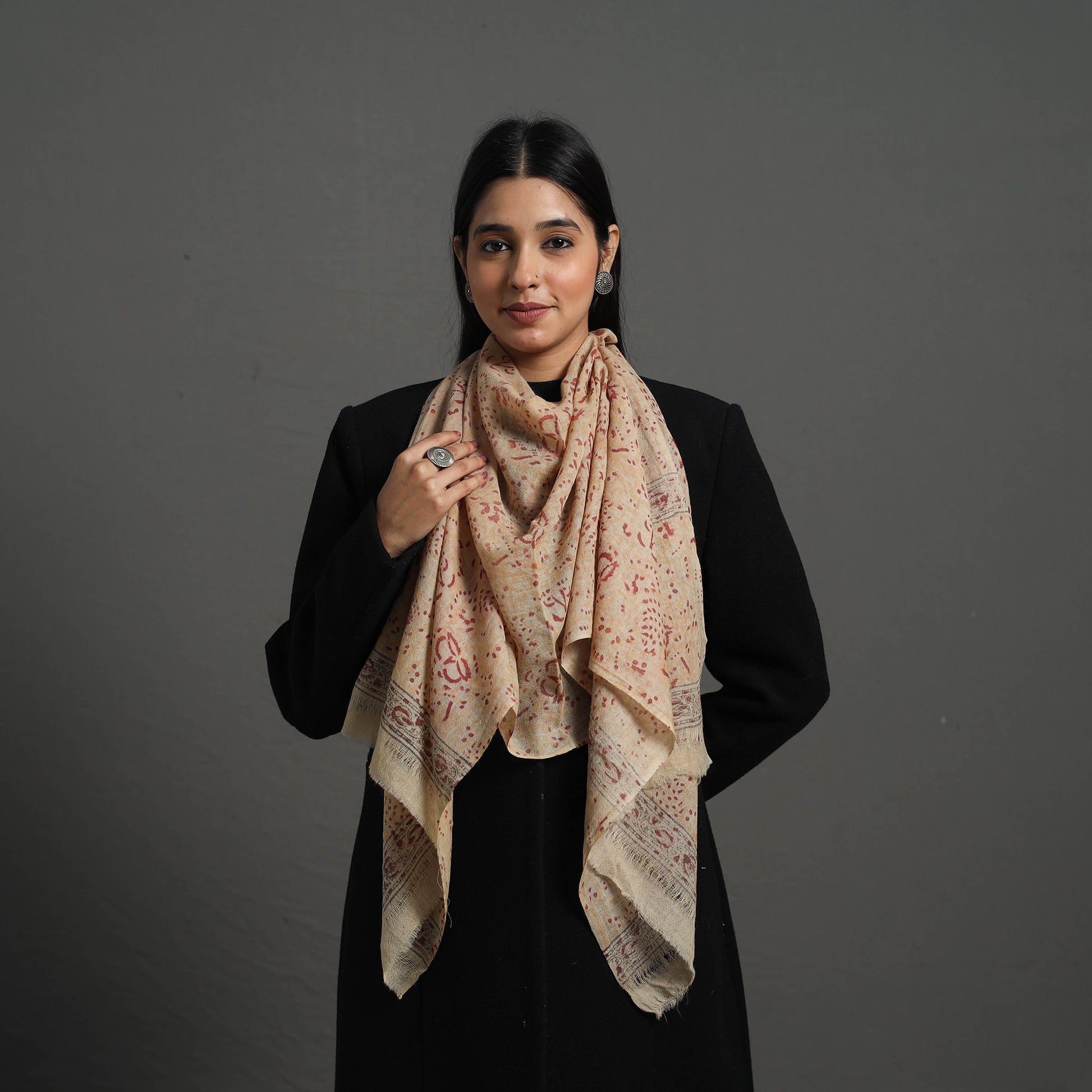Beige - Block Print Pedana Kalamkari Wool Stole 09