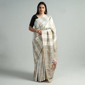 Beige - Bengal Kantha Hand Embroidery Pure Ghicha Silk Handloom Saree 137