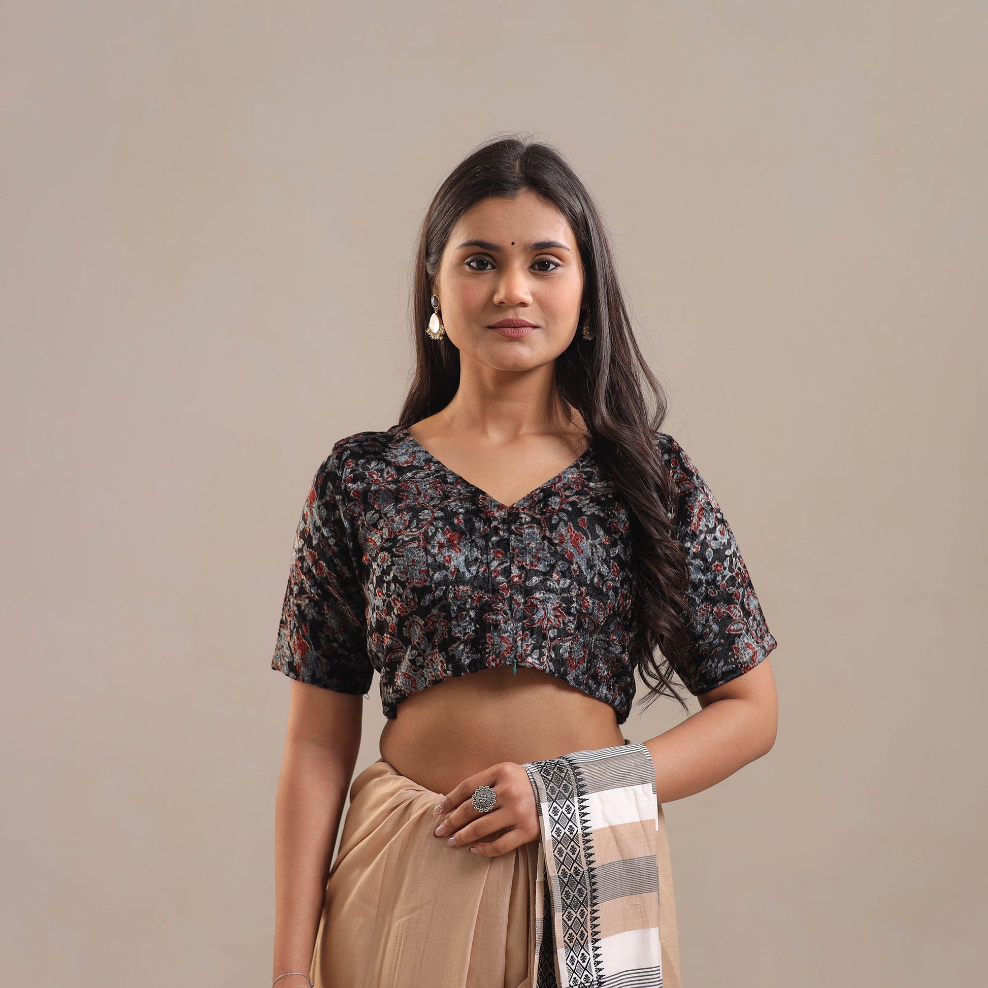Black - Velvet Natural Dyed Ajrakh Print Blouse 06