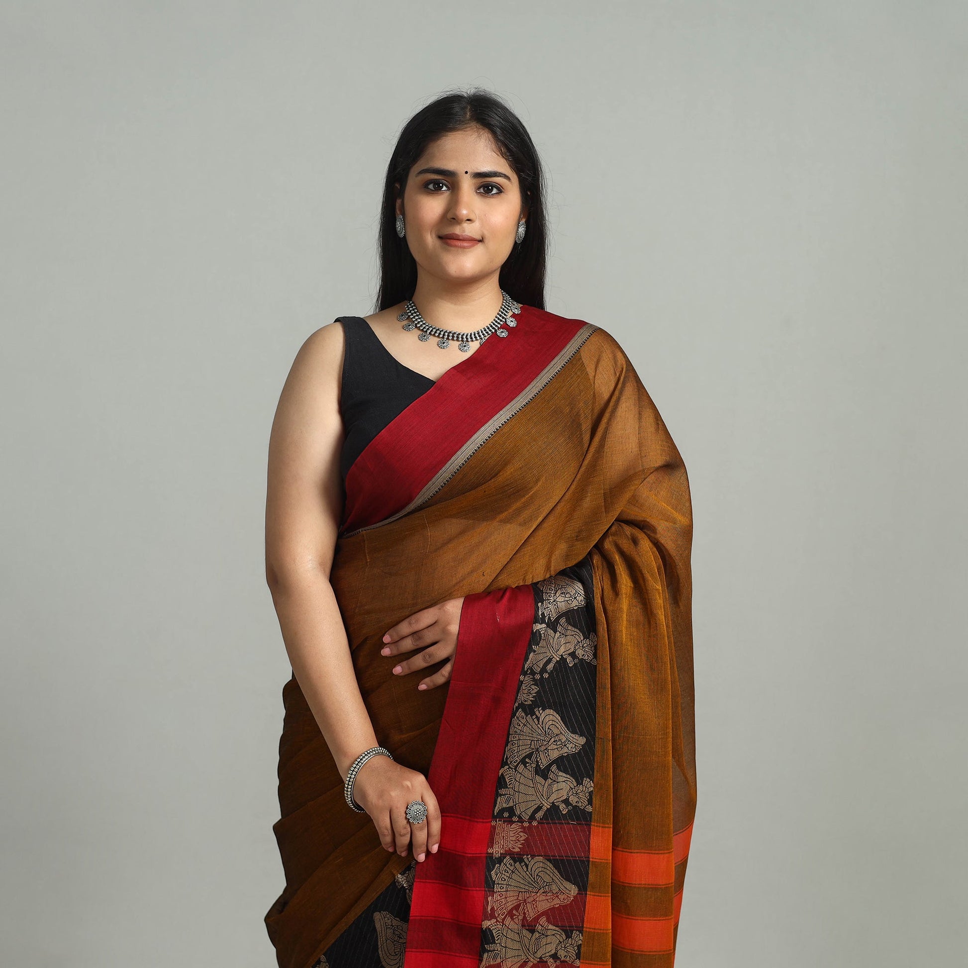 Brown - Dharwad Cotton Saree with Thread Border