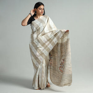 Beige - Bengal Kantha Hand Embroidery Pure Ghicha Silk Handloom Saree 137