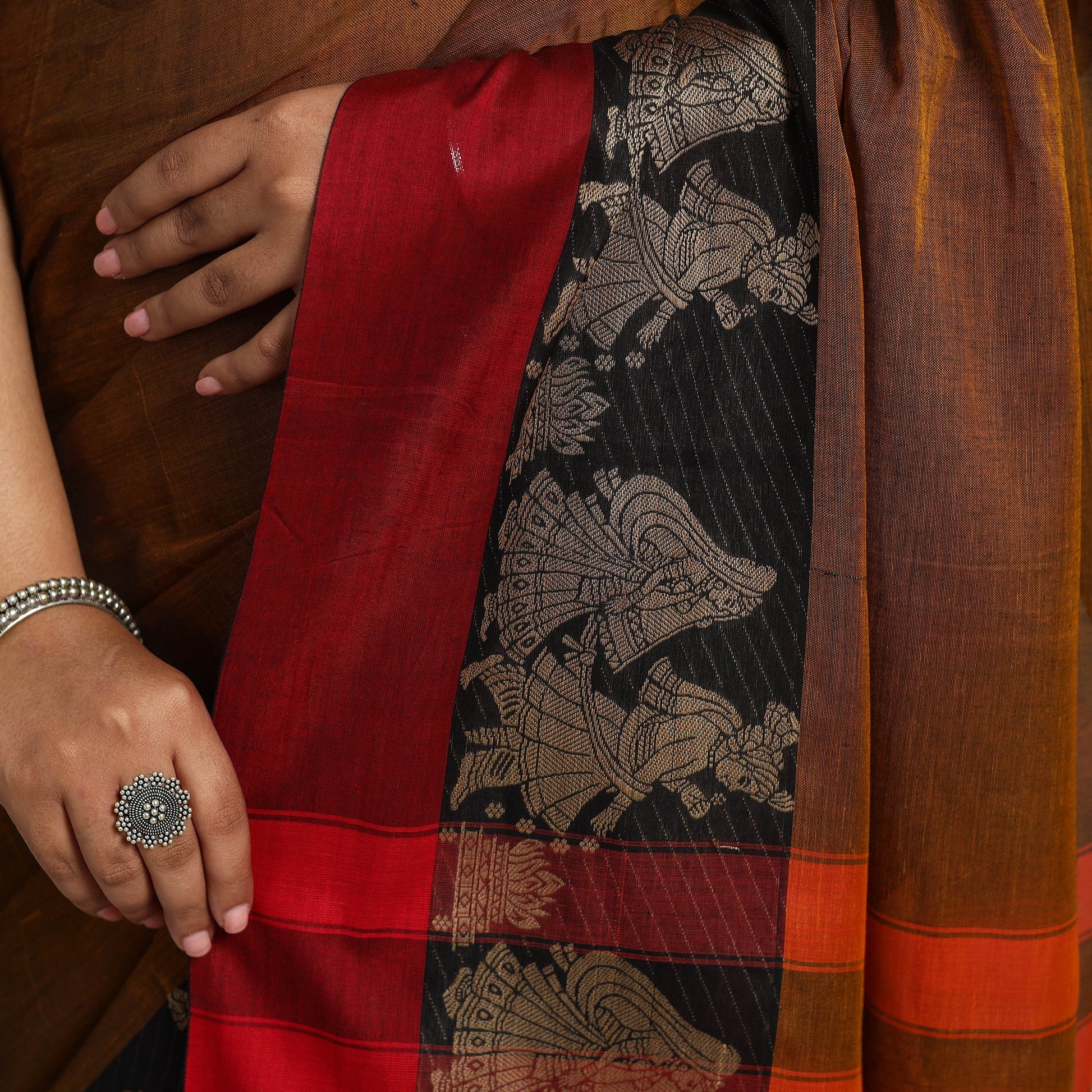 Brown - Dharwad Cotton Saree with Thread Border