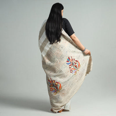 Beige - Bengal Kantha Hand Embroidery Pure Ghicha Silk Handloom Saree 137