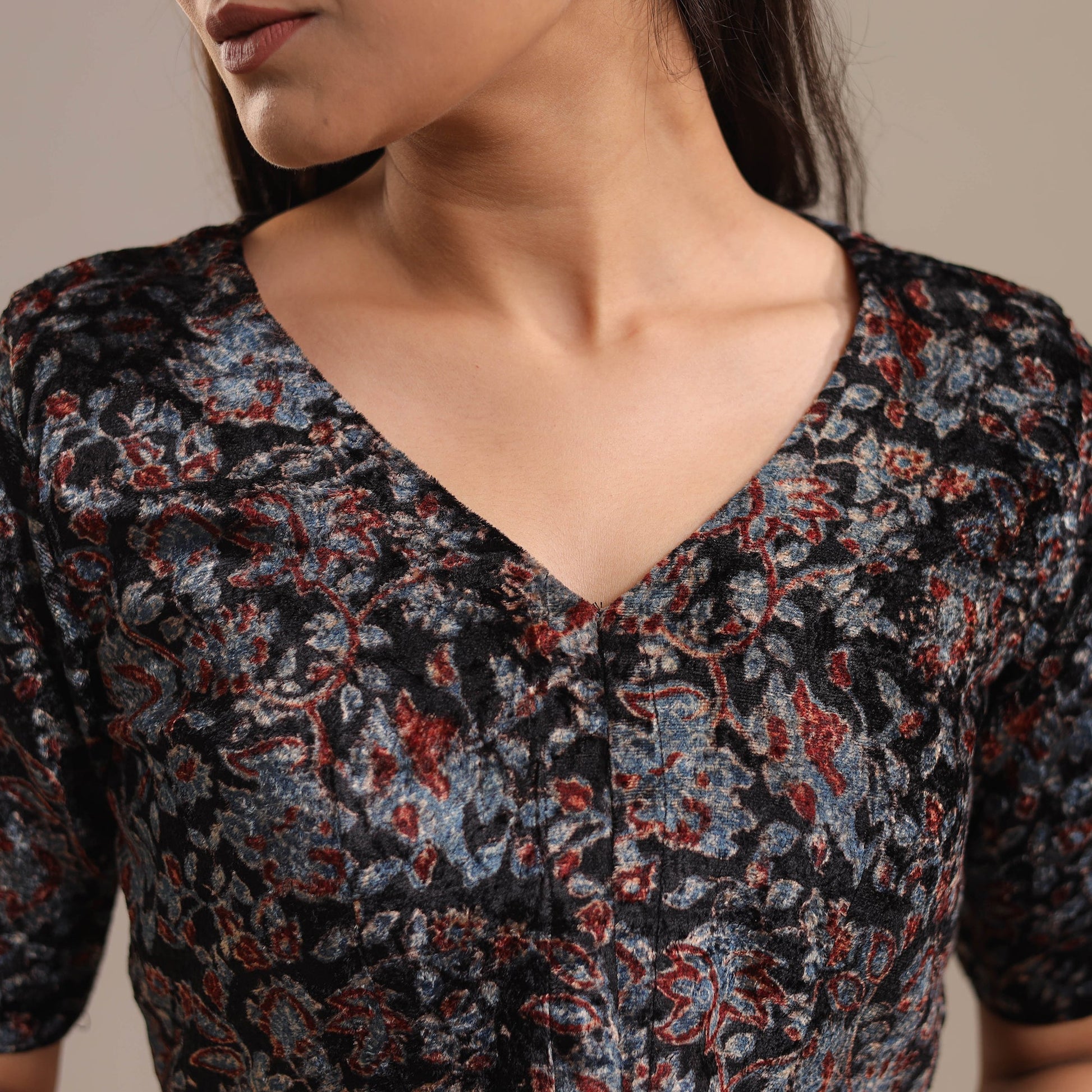 Black - Velvet Natural Dyed Ajrakh Print Blouse 06