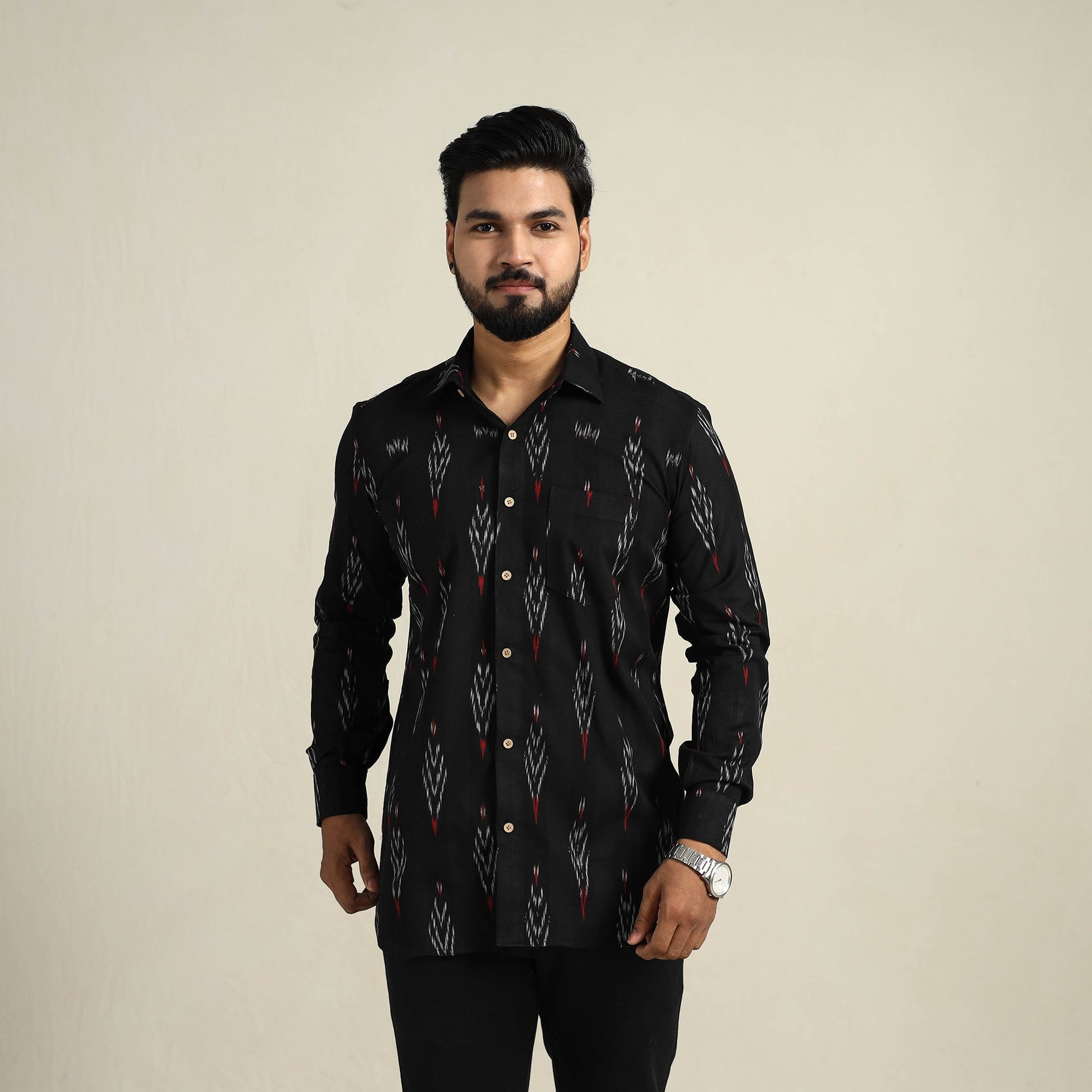 Black - Full Sleeve Men Cotton Pochampally Ikat Shirt 14