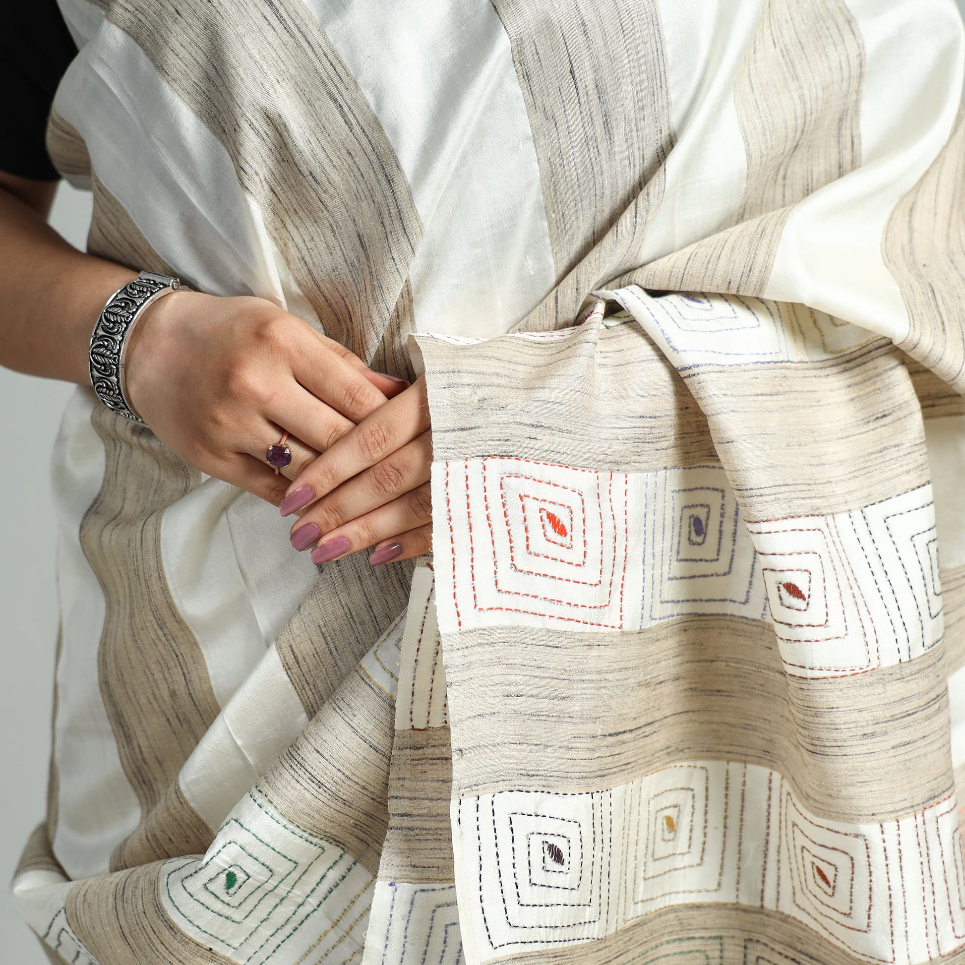 Beige - Bengal Kantha Hand Embroidery Pure Ghicha Silk Handloom Saree 137