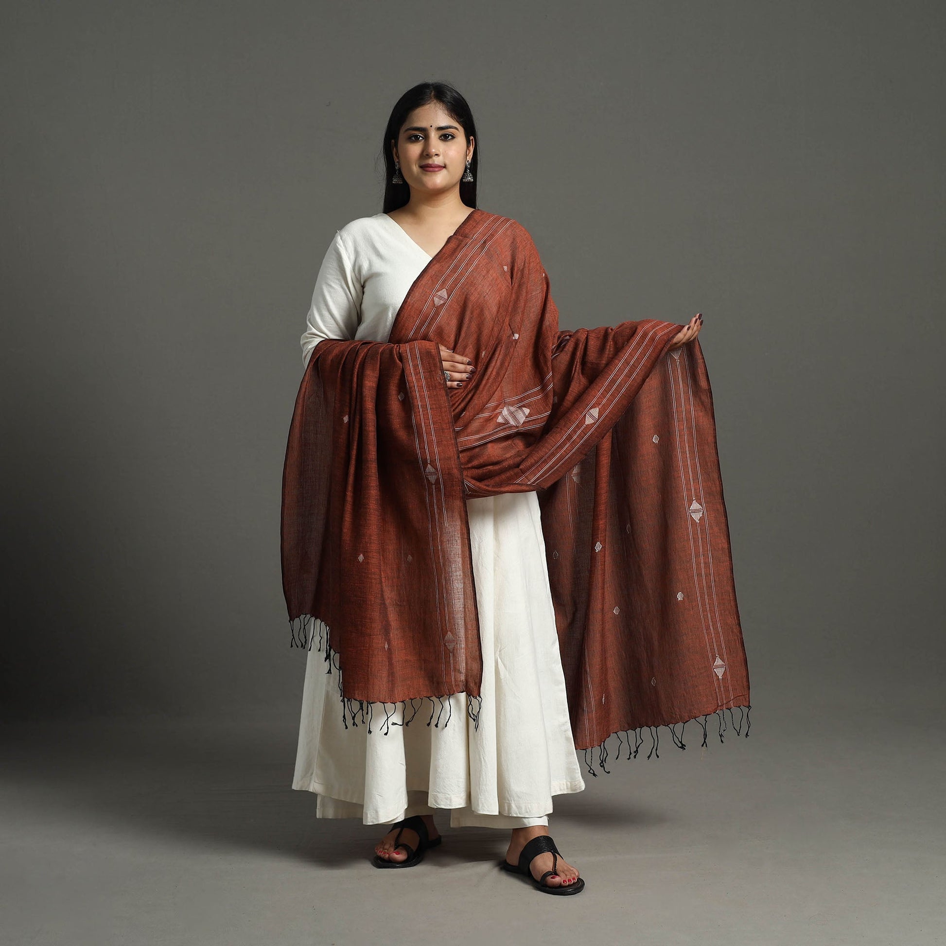 Brown - Handloom Cotton Burdwan Jamdani Dupatta 14