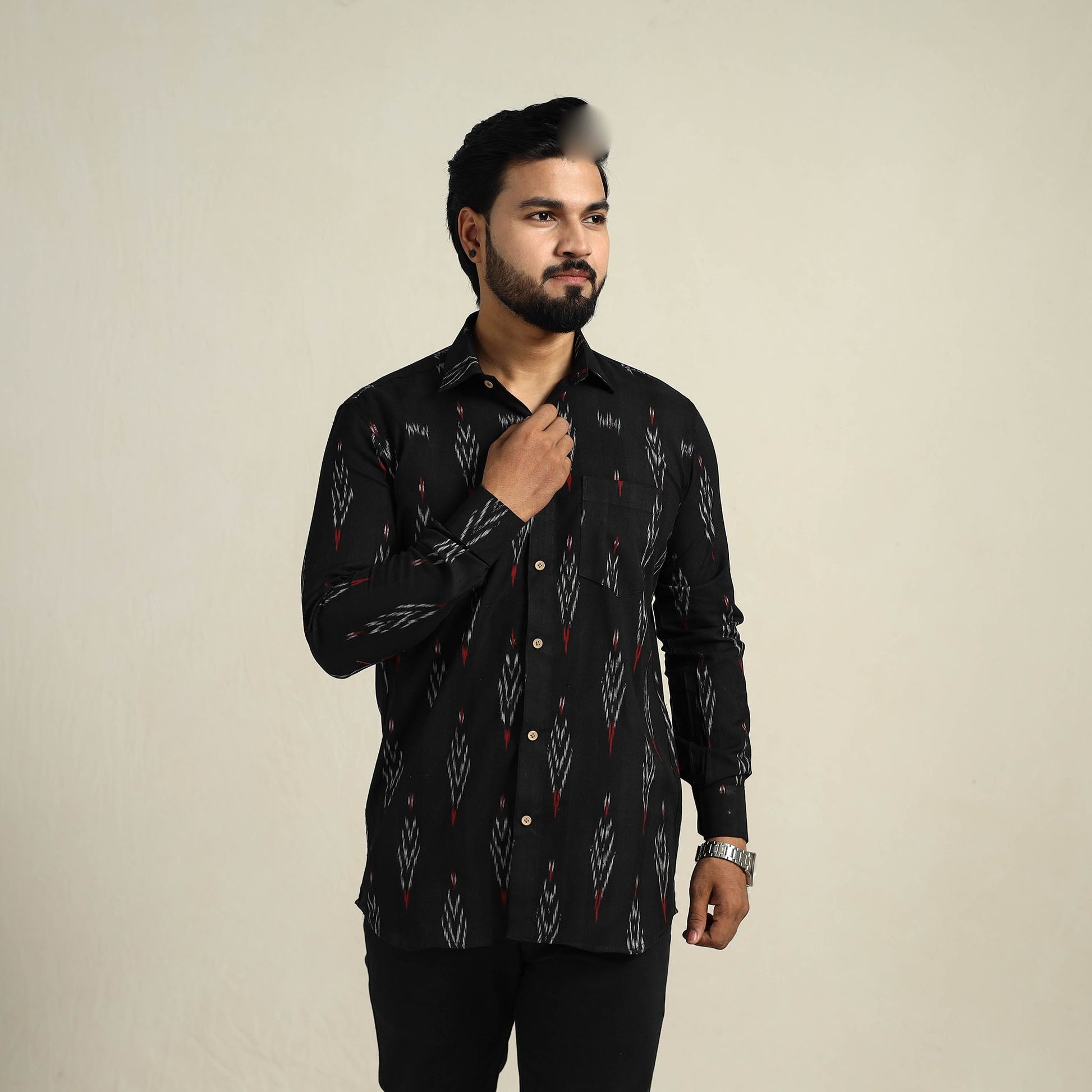 Black - Full Sleeve Men Cotton Pochampally Ikat Shirt 14