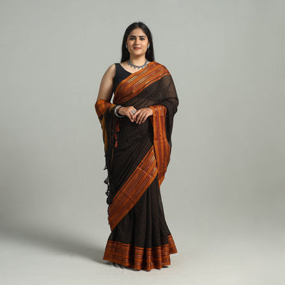 Black - Dharwad Cotton Saree with Zari Border
