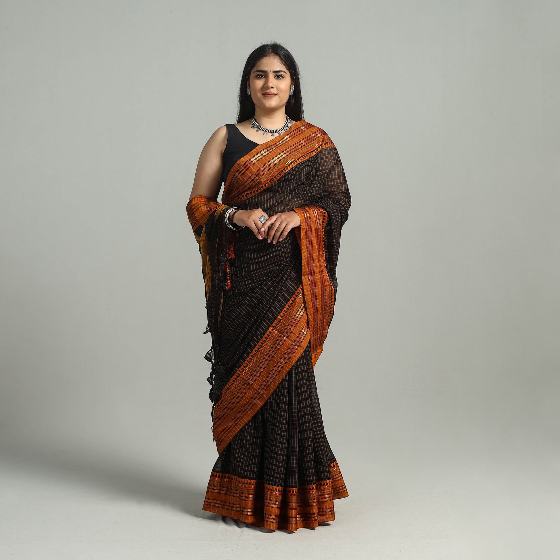Black - Dharwad Cotton Saree with Zari Border