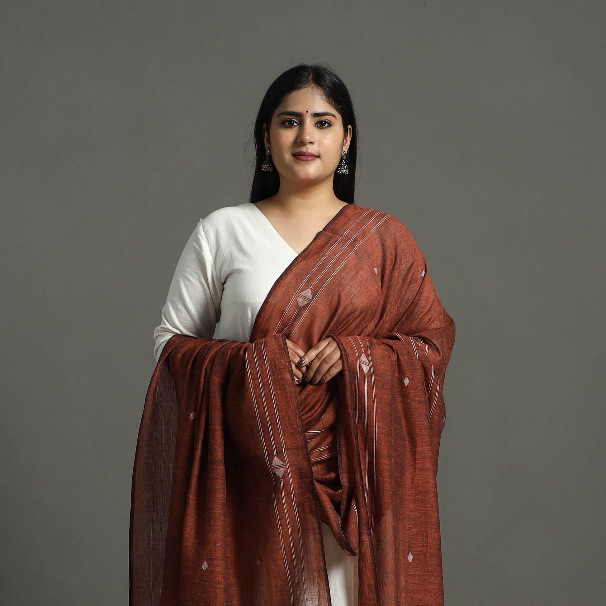 Brown - Handloom Cotton Burdwan Jamdani Dupatta 14