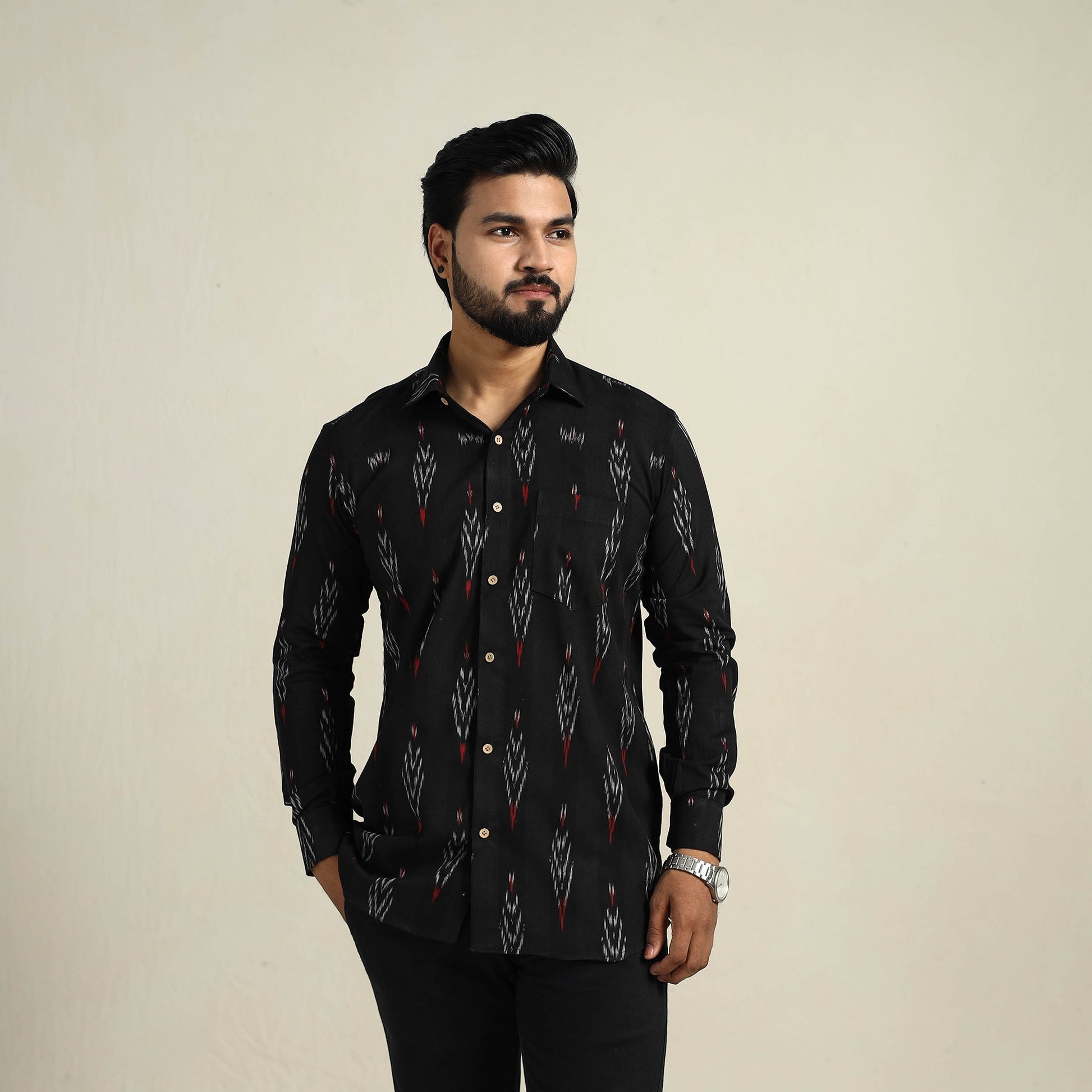 Black - Full Sleeve Men Cotton Pochampally Ikat Shirt 14