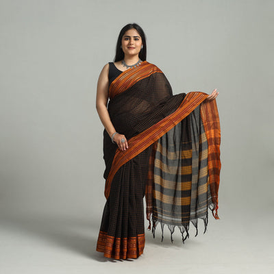 Black - Dharwad Cotton Saree with Zari Border