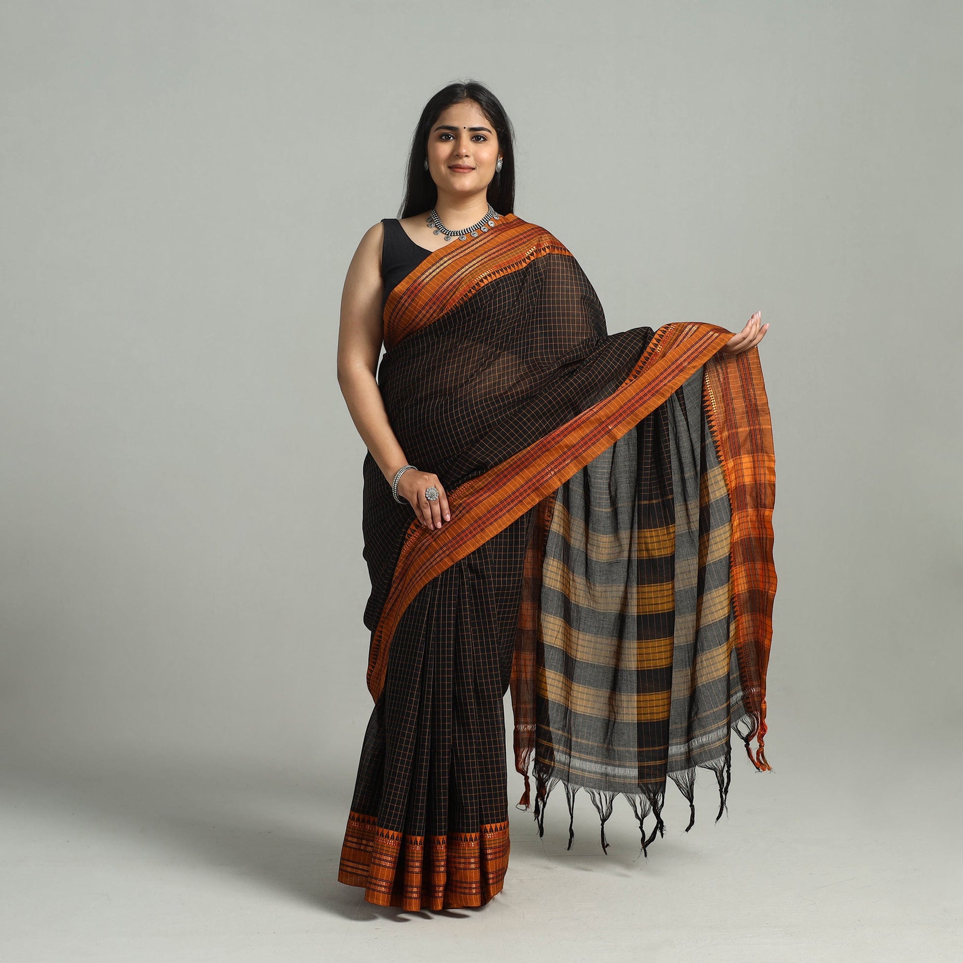 Black - Dharwad Cotton Saree with Zari Border