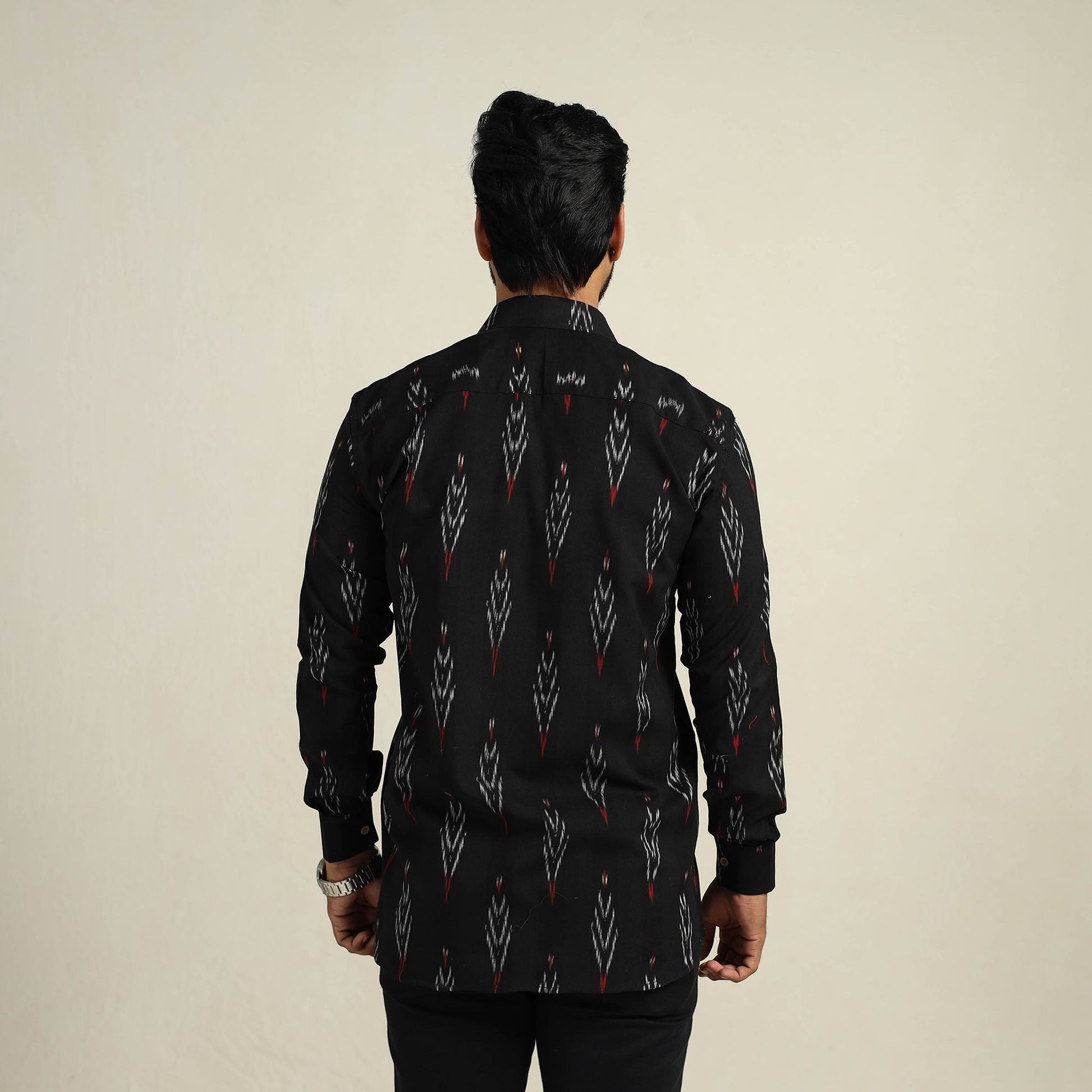 Black - Full Sleeve Men Cotton Pochampally Ikat Shirt 14