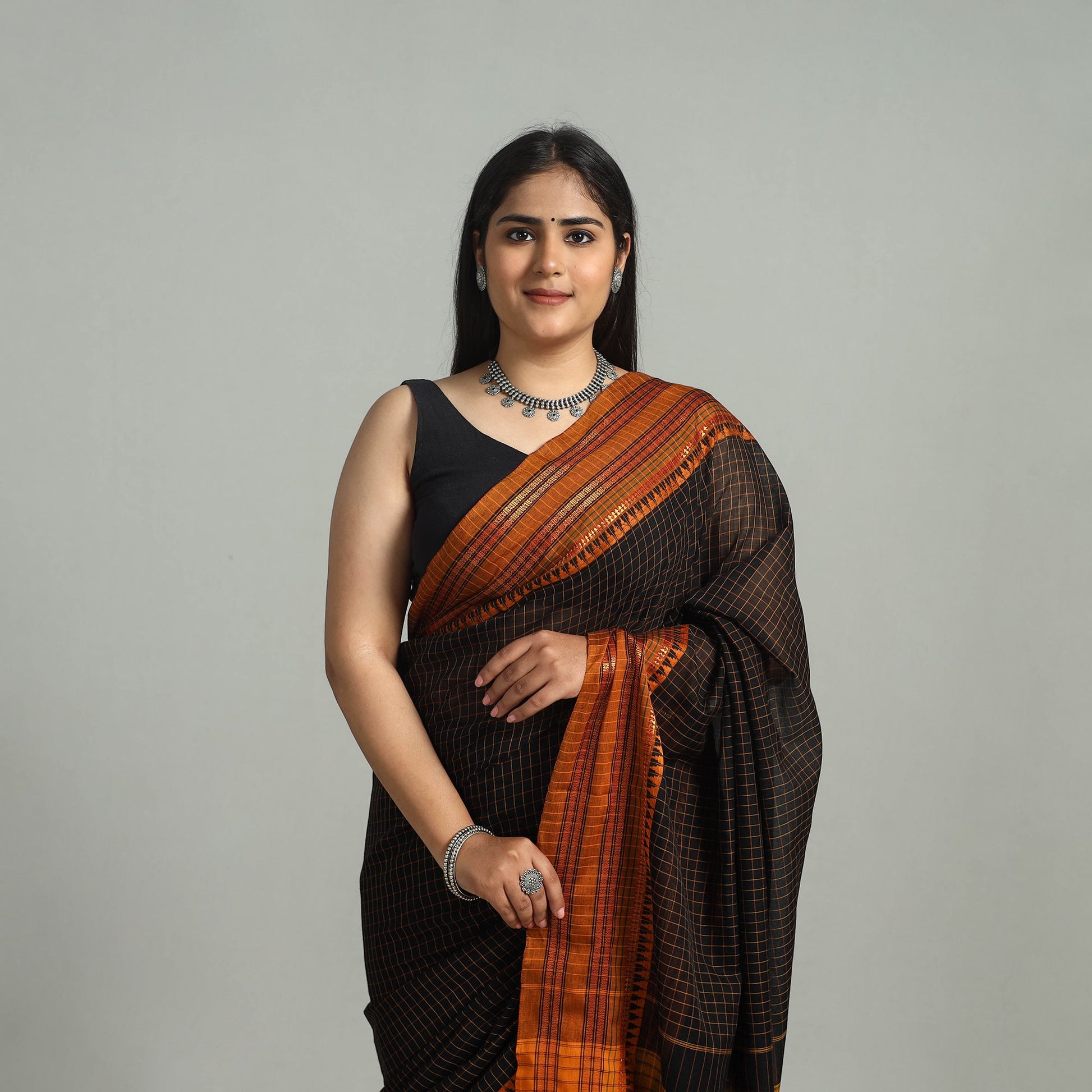 Black - Dharwad Cotton Saree with Zari Border