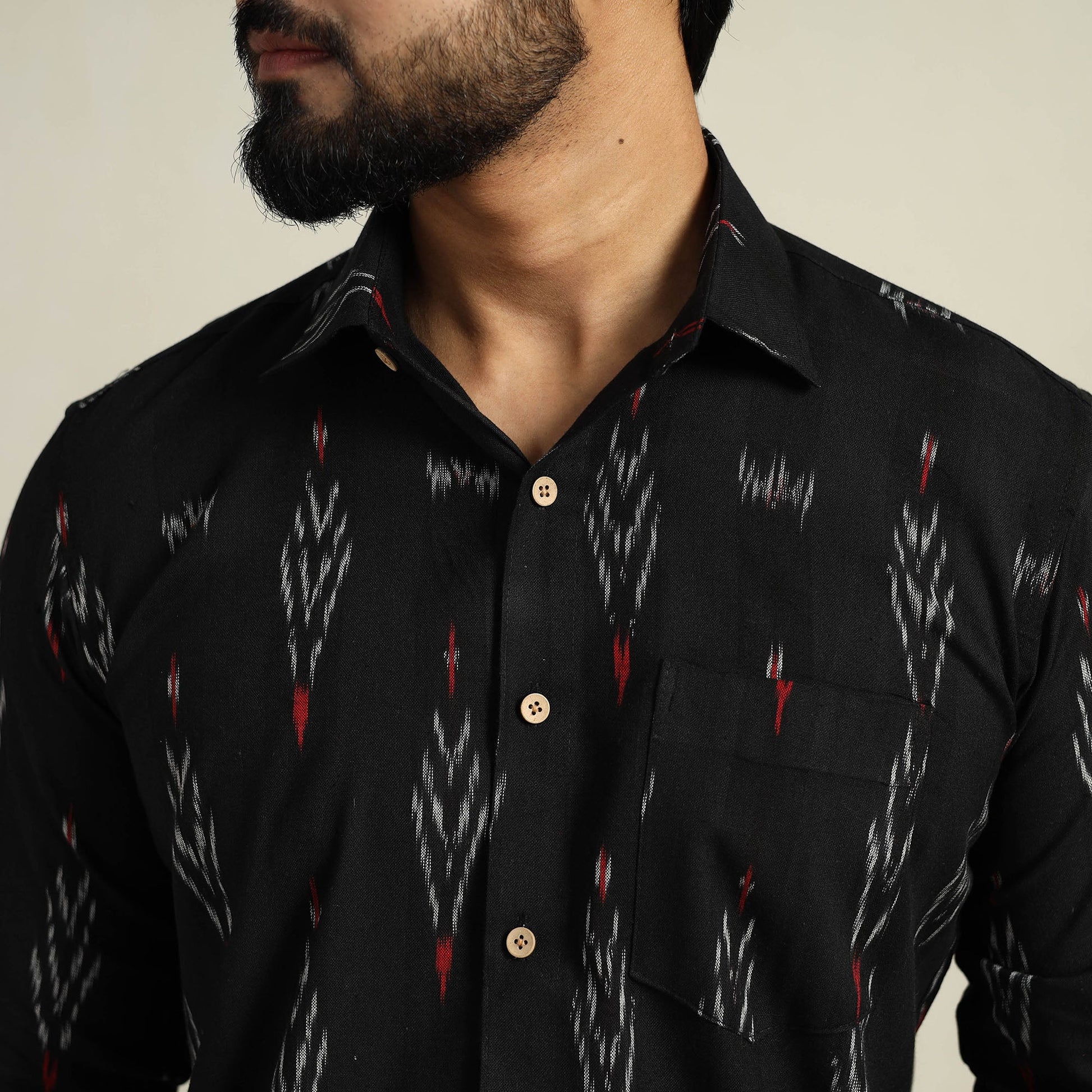 Black - Full Sleeve Men Cotton Pochampally Ikat Shirt 14