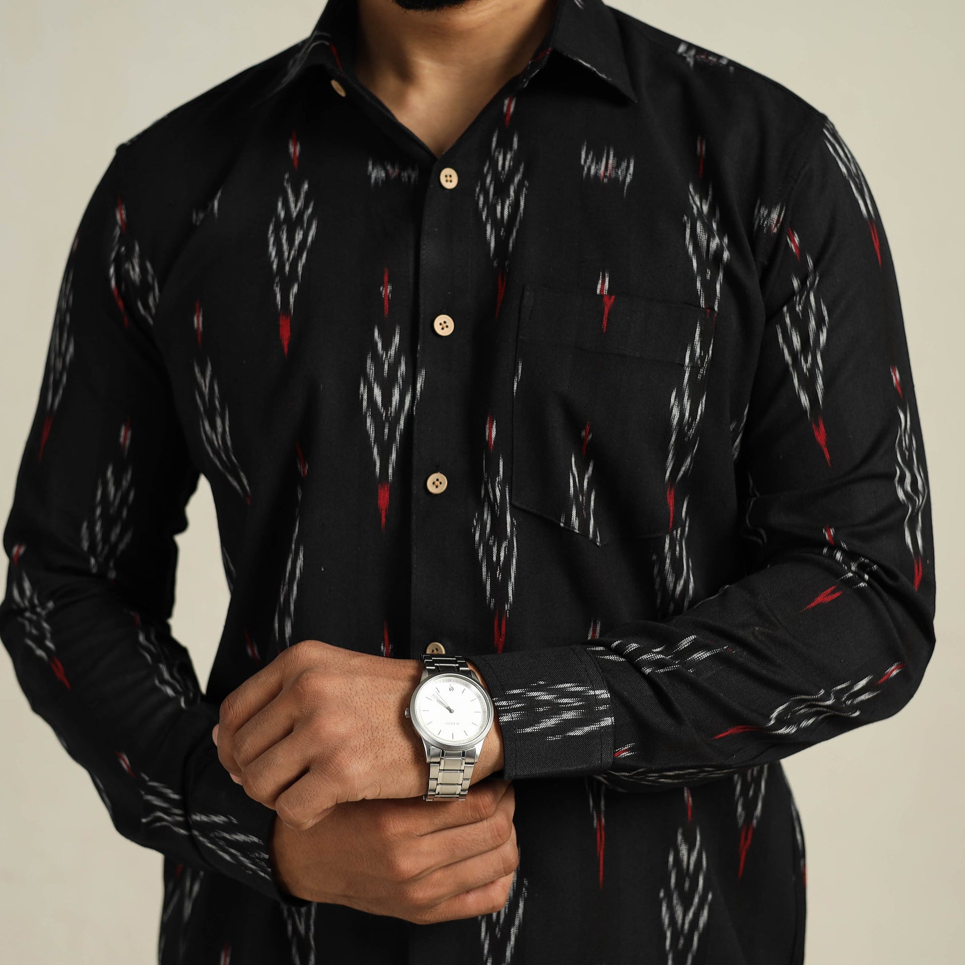 Black - Full Sleeve Men Cotton Pochampally Ikat Shirt 14