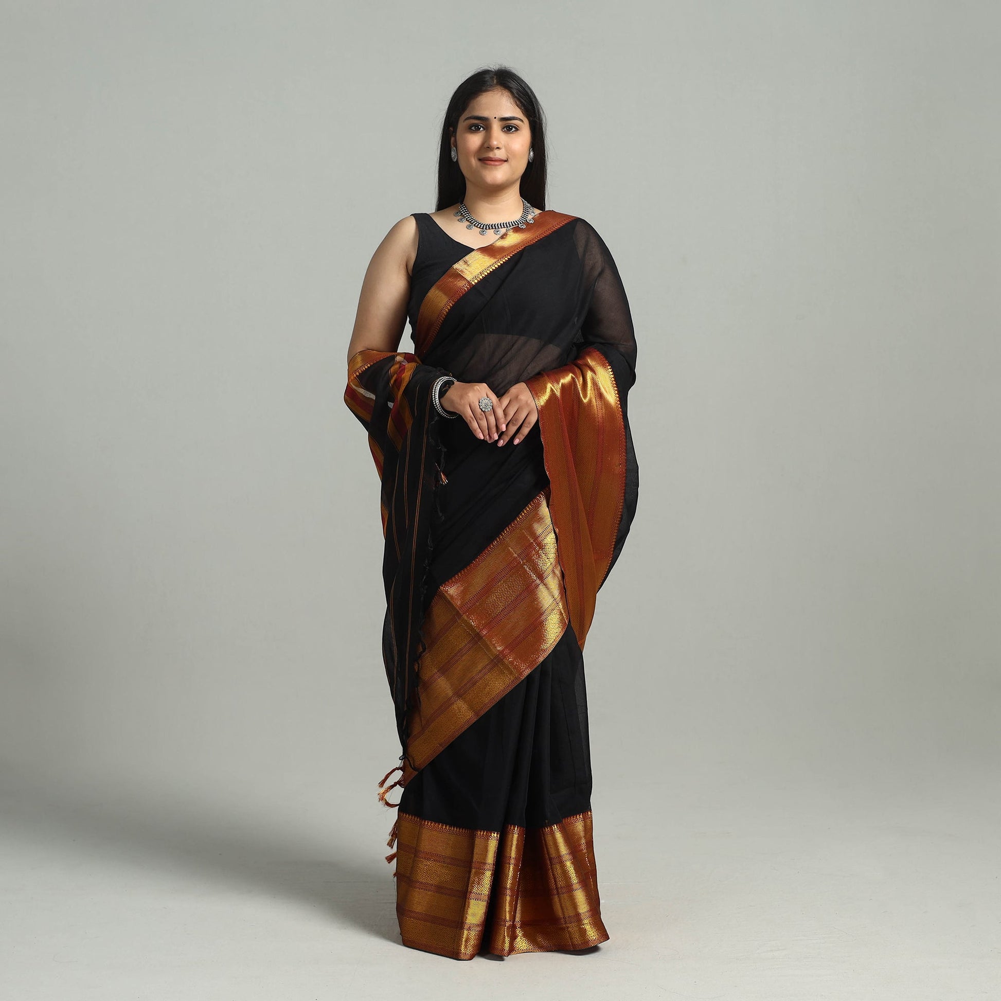 Black - Dharwad Cotton Saree with Zari Border