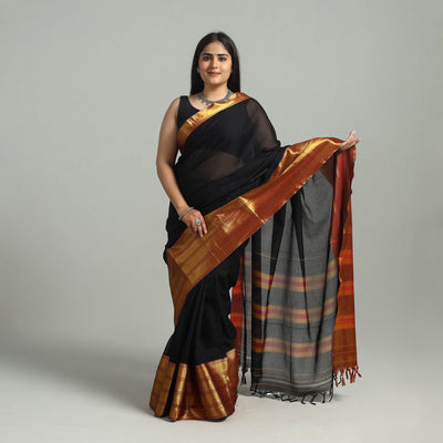 Black - Dharwad Cotton Saree with Zari Border