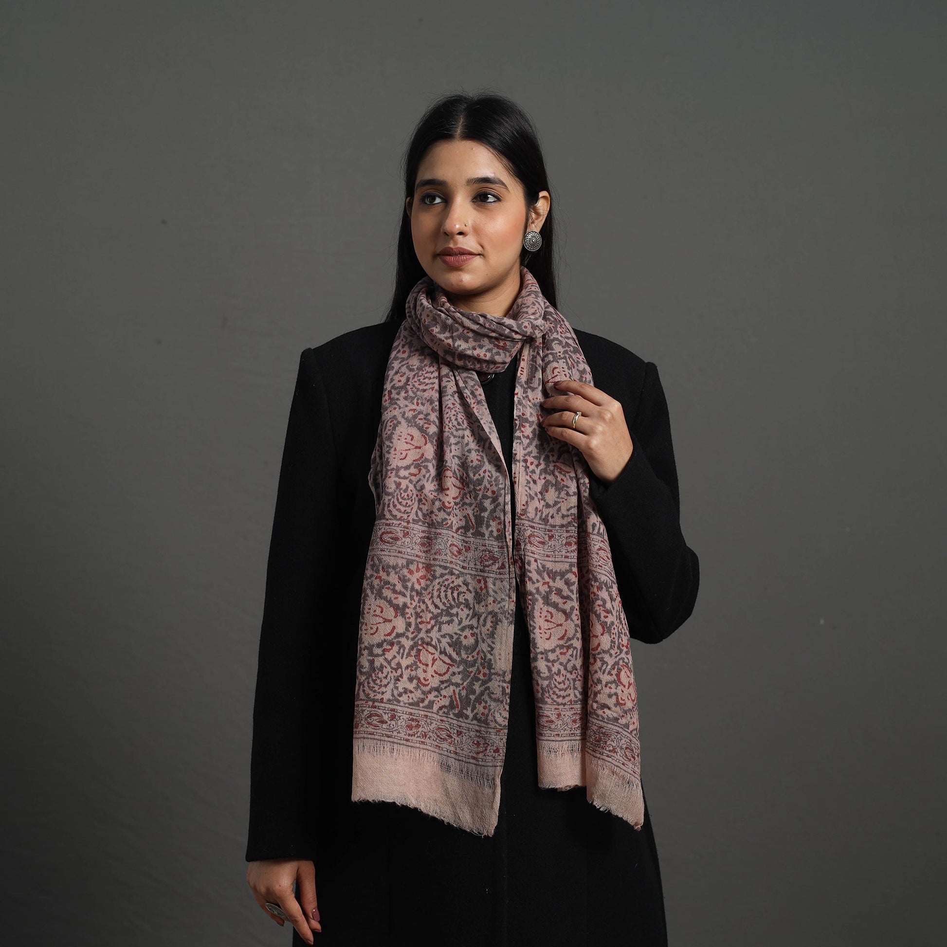 Black - Block Print Pedana Kalamkari Wool Stole 13