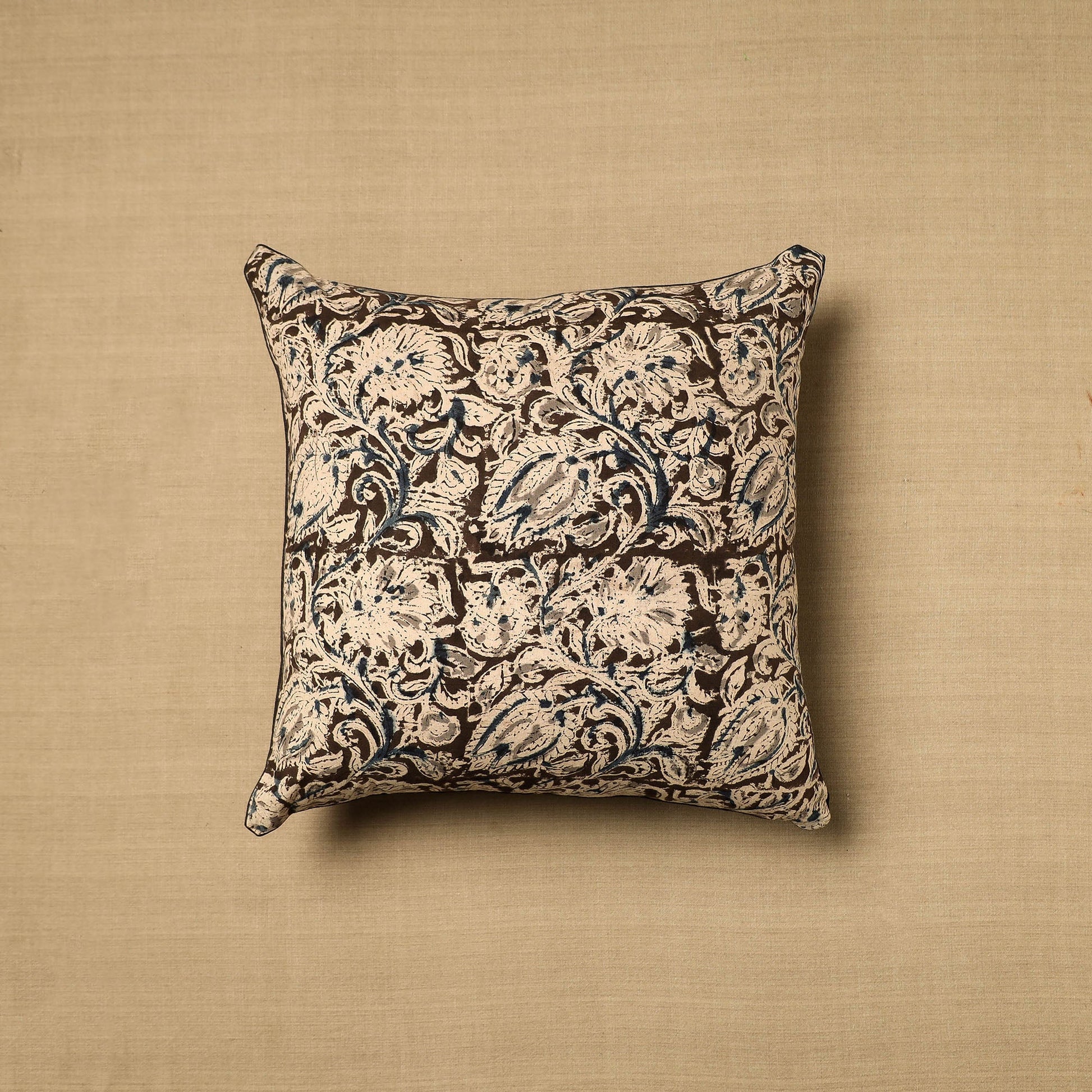 Beige - Block Print Cotton Kalamkari Cushion Cover (16 x 16 in) 01